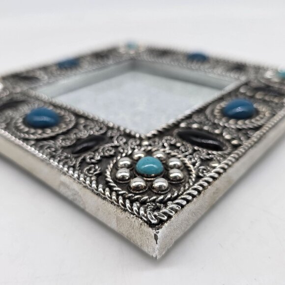 Decorative Square Silver Photo Frame With Blue & Black Accents Raj 3.25" Square - Picture 9 of 10